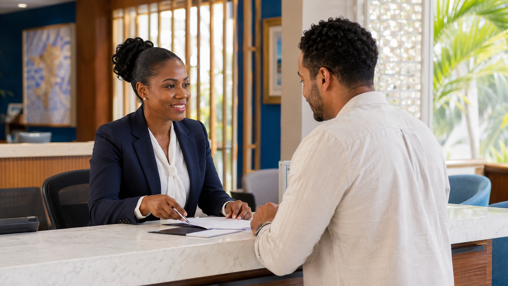 An immigration officer assisting an applicant